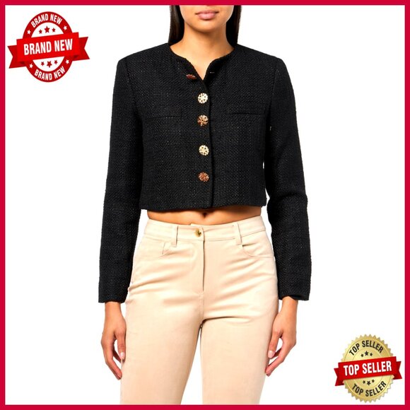 Jackets & Blazers - Cropped Tweed Jacket with Jeweled Buttons, Slim Fit, Dry Clean Only